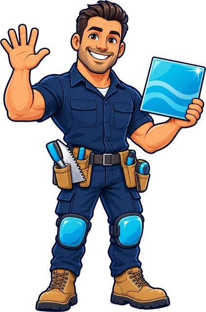 Shaun waving and holding an aqua tile