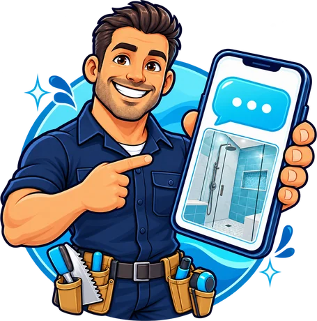 Shaun holding a phone showing a tiled shower preview