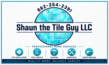Shaun the Tile Guy LLC business card: tile installation, pool service, painting, handyman, power washing